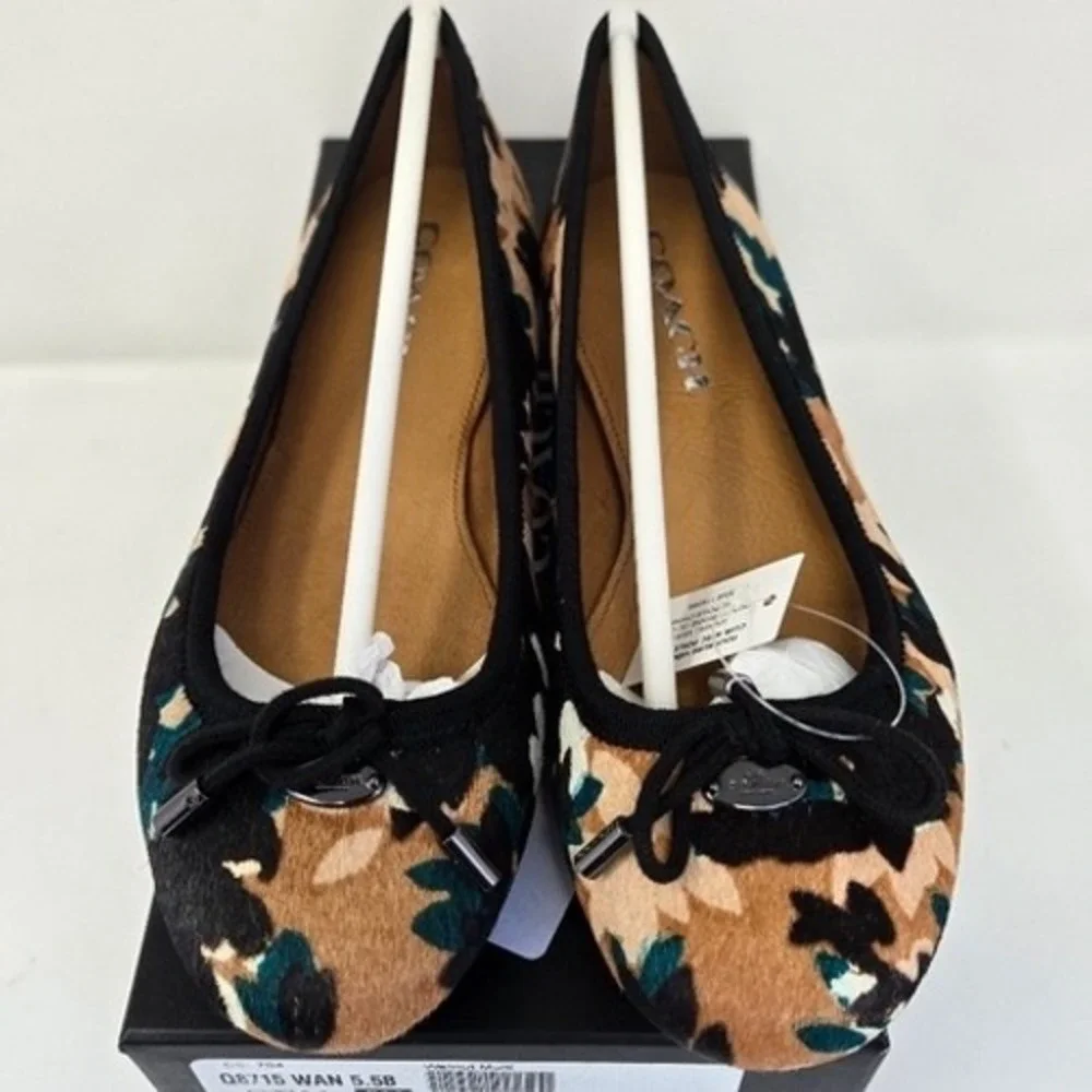 Coach Lara Scattered Leaf Calf Hair Ballet Flats Walnut Multi 5M 34A01142-WMT